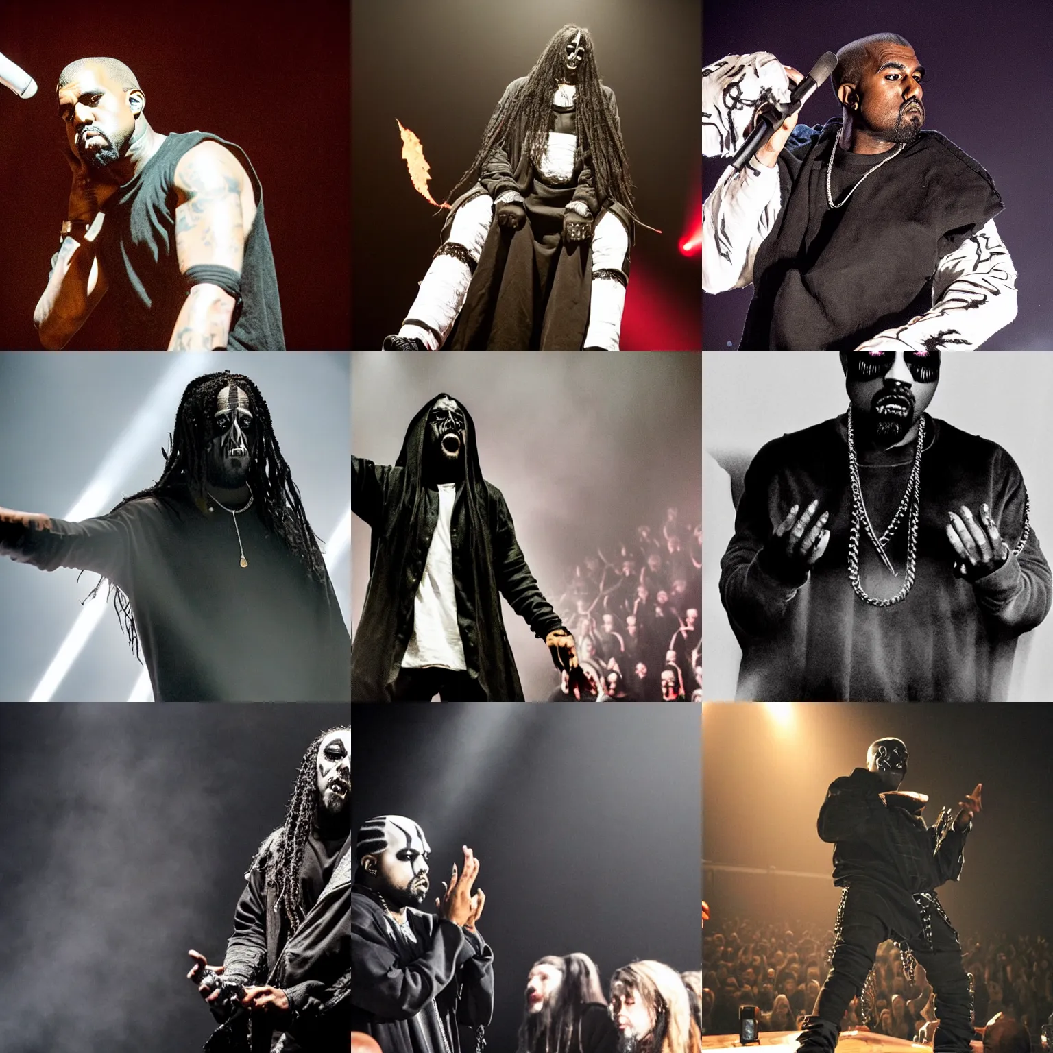 Prompt: Kanye West wearing corpse paint, performing in black metal concert