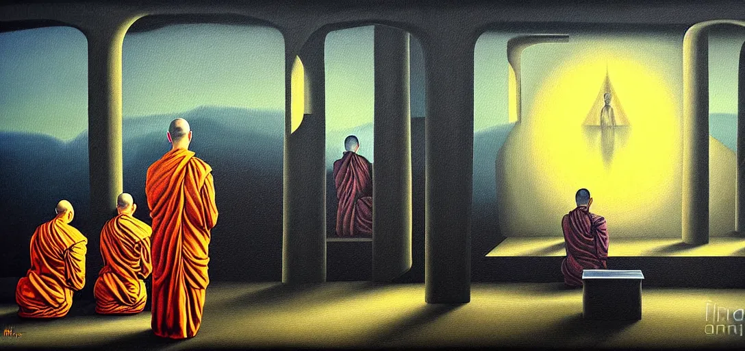 Image similar to dystopian surreal painting of monks praying