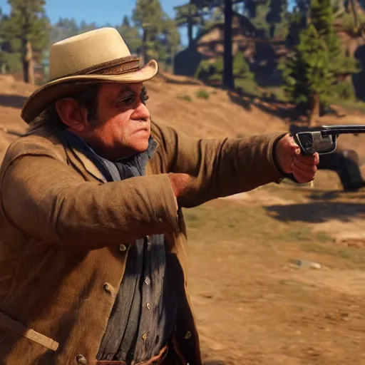 Prompt: An in-game screenshot of Danny Devito in Red Dead Redemption 2 (2018)