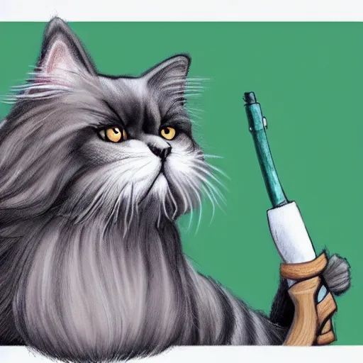 Prompt: a hyper realistic portrait of the persian cat. the persian cat has a determined expression and is holding a bazooka. highly detailed and trending on art station.