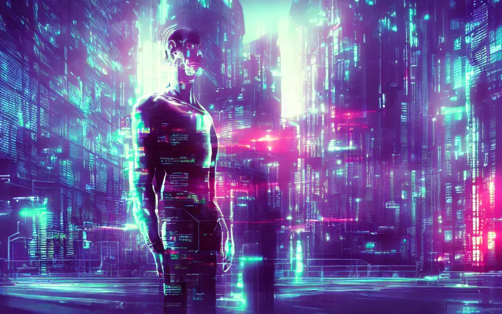 Image similar to cyborg in data center style cyberpunk retrowave william ford gibson high quality photoshot widescreen