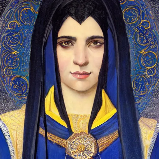 Prompt: portrait of a middle - eastern female cleric with straight black hair wearing blue and yellow vestments, fantasy, highly detailed, digital painting, artstation, concept art, character art, art by greg rutkowski and tyler jacobson and alphonse mucha