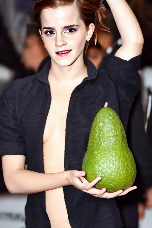 Image similar to emma watson cosplaying as an avocado, high quality photography