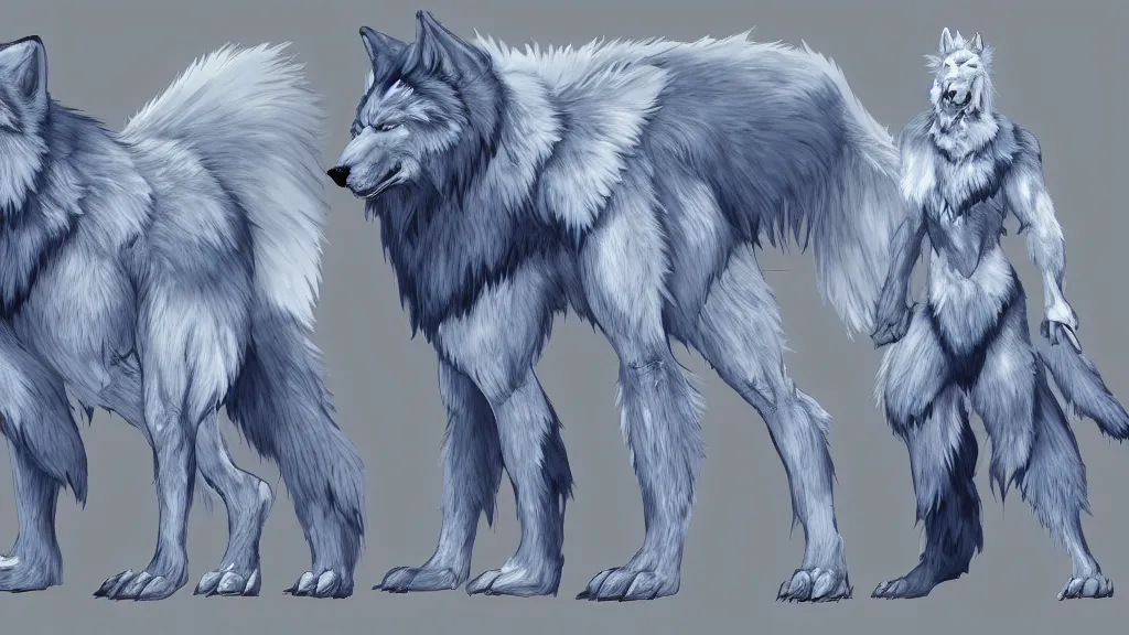 Image similar to a fantasy giant blue wolf with white tribal paint character design sheet, trending on artstation