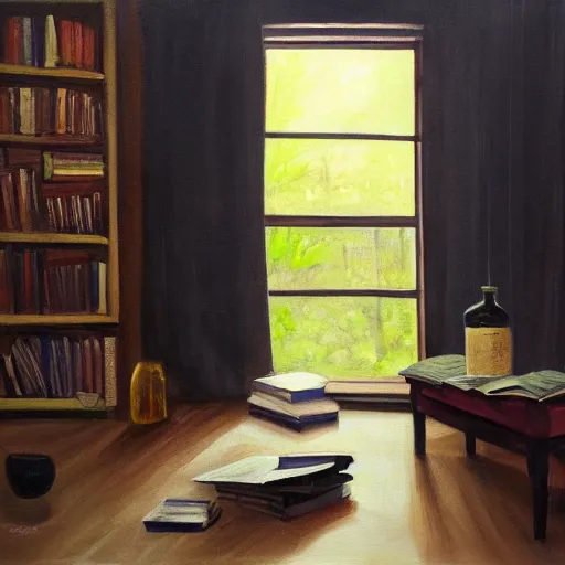 Image similar to A dark room with a TV and it’s static giving light to a couch directly across from it, a window is on the right and rain is hitting against the window, shelves are inside filled with books, a couple of empty bottles are on the ground, oil painting