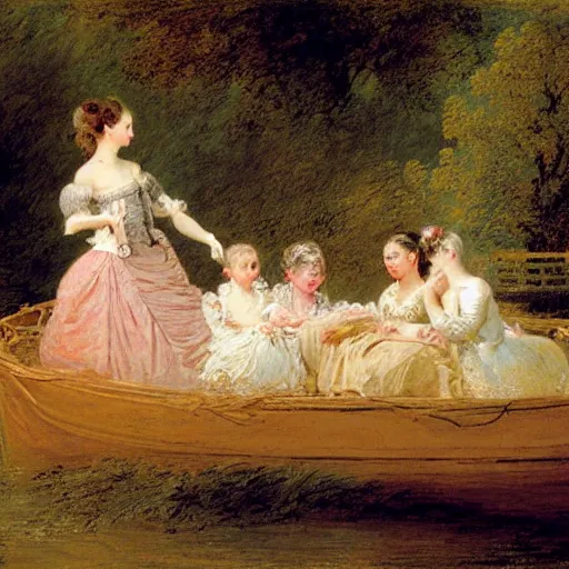 Image similar to dreadful by jean - honore fragonard pride prejudice. the conceptual art of a group of well - dressed women & children enjoying a leisurely boat ride on a calm day. the women are chatting & laughing while the children play with a toy boat in the foreground.