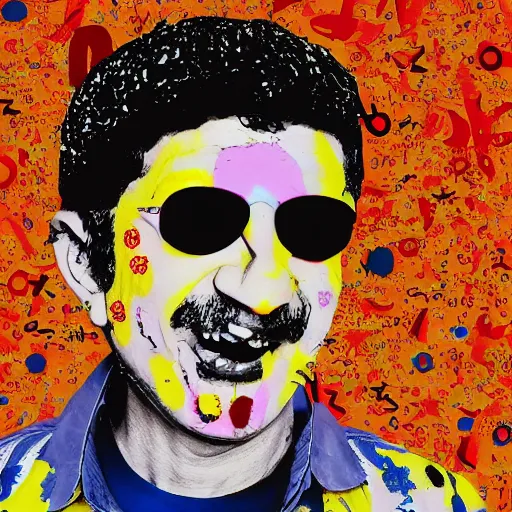 Image similar to omar souleyman in the style of daniel johnston and outsider art, 4k, overlaid with arabic text