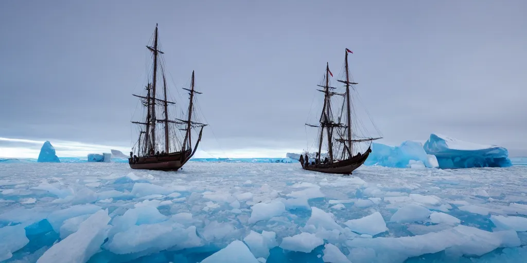 Image similar to 1840s sailship stuck in sea ice, wide angle shot, HD, frozen sea, ice seracs