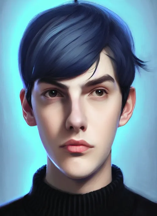 Image similar to portrait of teenage jughead jones wearing a light grey crown, crown, blue turtleneck, closed eyes, photorealistic, black hair, glowing lighting, intricate, elegant, glowing lights, highly detailed, digital painting, artstation, concept art, smooth, sharp focus, illustration, art by wlop, mars ravelo and greg rutkowski