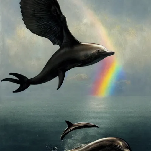 Prompt: a hyper realistic painting of the grim reaper sitting on of a dolphin jumping over a rainbow, by greg rutkowski and santiago caruso,