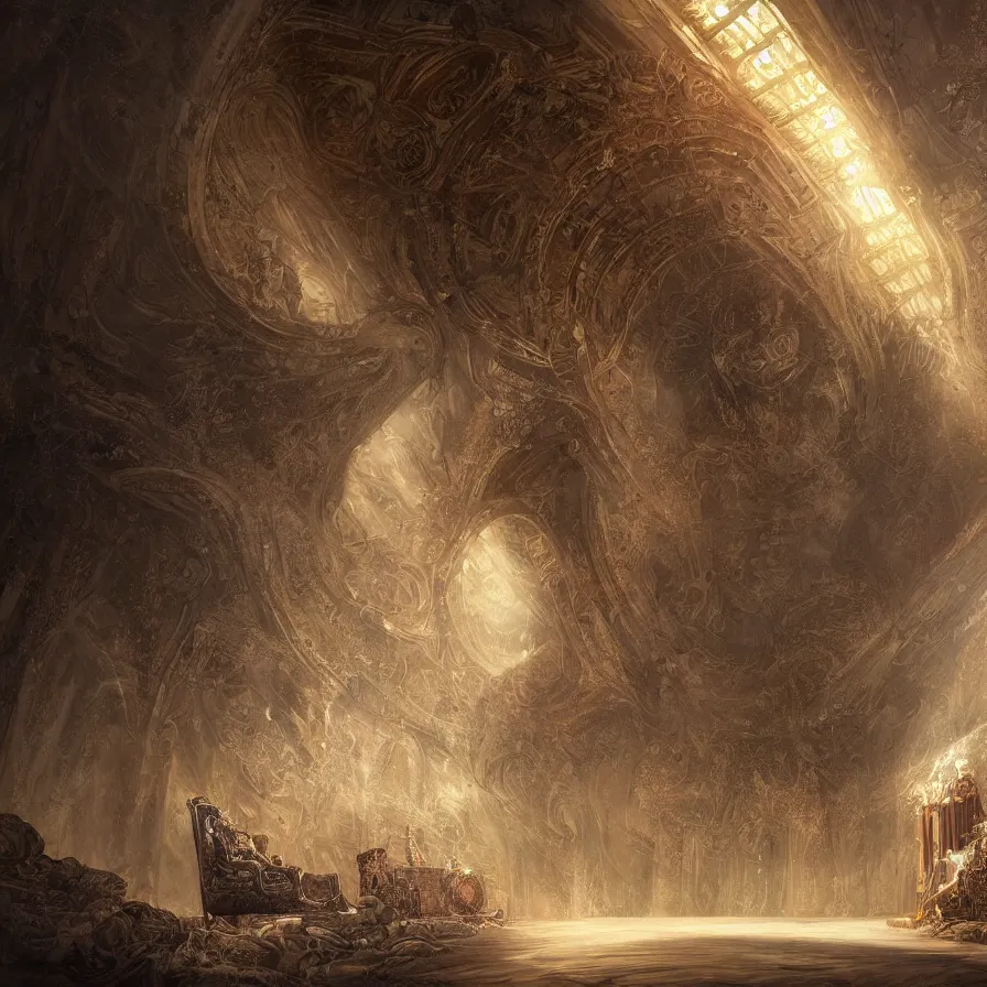 Image similar to digital painting of daniel dociu representing a throne room where a sun ray illuminate the throne, fantasy, elegant, highly detailed, matte, illustration