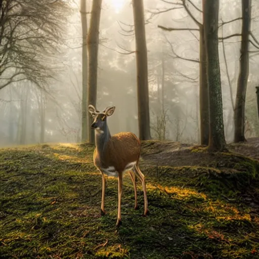 Image similar to a close up of a white - eyed deer, background of a landscape misty forest scene, the sun glistening through the trees