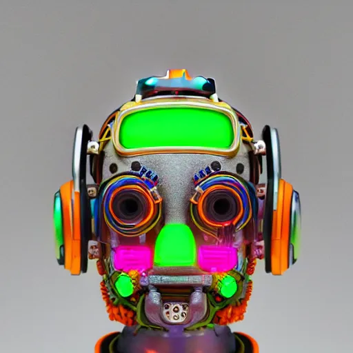 Prompt: a detailed atompunk rococo robot head wearing multicolored wires and headphone, 8 k, front view, symetrical, flourescent colors, halluzinogenic, multicolored, exaggerated detailed, front shot, 3 d render, octane