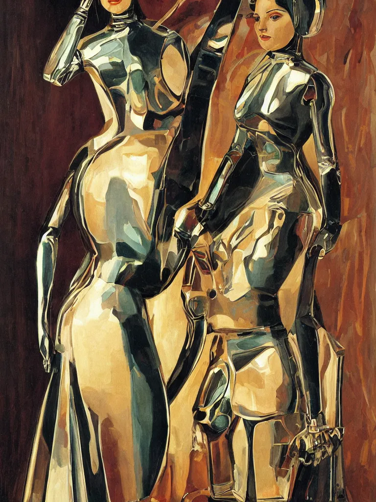 Image similar to a Royal portrait of chrome android woman as illustrated by Nikolai Lutohin. 1971