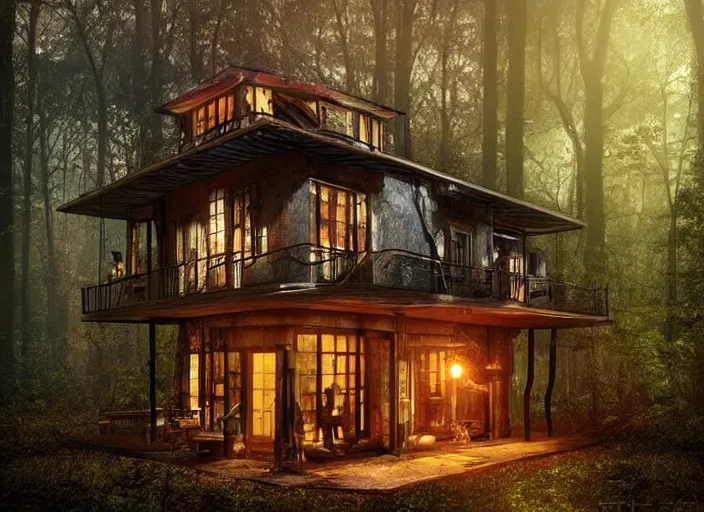 Prompt: house in a clearing in the middle of the forest, beautifully lit, retro science fiction vintage art, steampunk