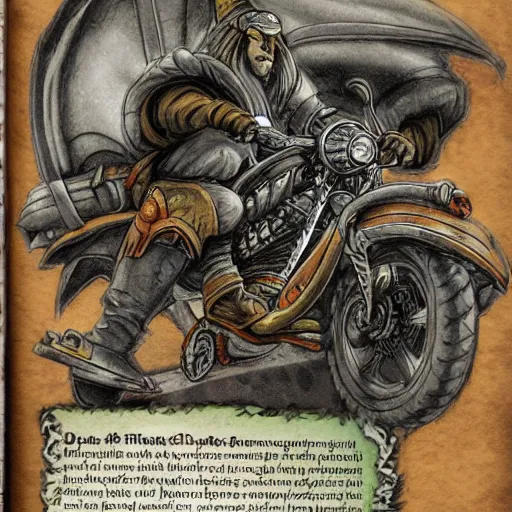 Image similar to dungeons and dragons, wizard on a motorcycle, concept art, players handbook, very detailed, mechanic, schematic, illustration, stats