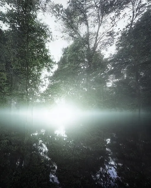 Image similar to a mystical pond in the middle of a lush forest at night during an eclipse, minimalist design, dark and dim lighting, beautiful, tranquil, moody, cinematic, fantasy, 3 5 mm lens, volumetric lighting, first person view, photographic render, hyper realistic