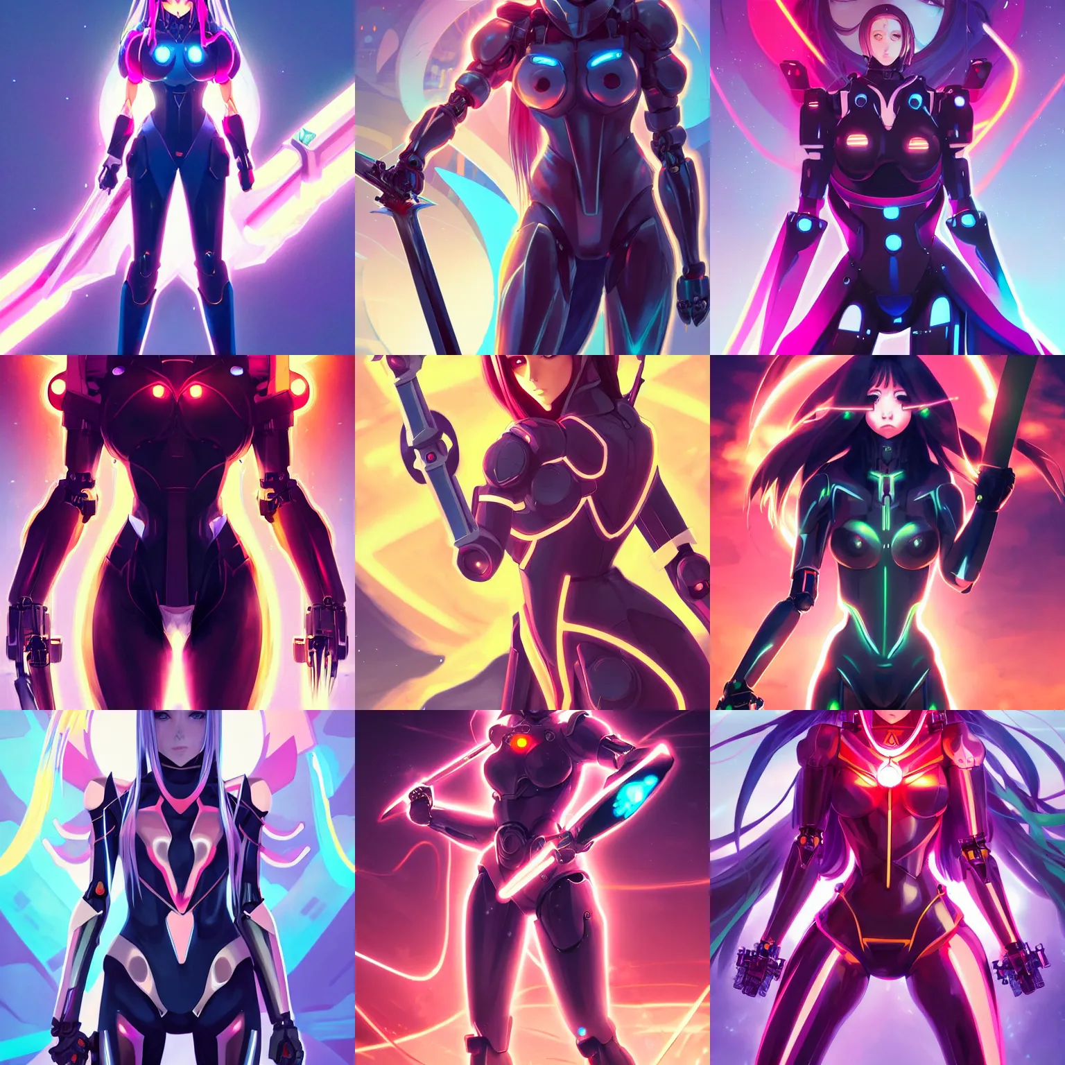 Prompt: poster art of woman in full mecha body suit holding a sword, long straight hair, colourful, pretty face, symmetrical face, glowing eyes, anime style by rossdraws, artgerm and greg rutkowski, 4 k, graphic design, adobe illustrator, behance, trending on pixiv