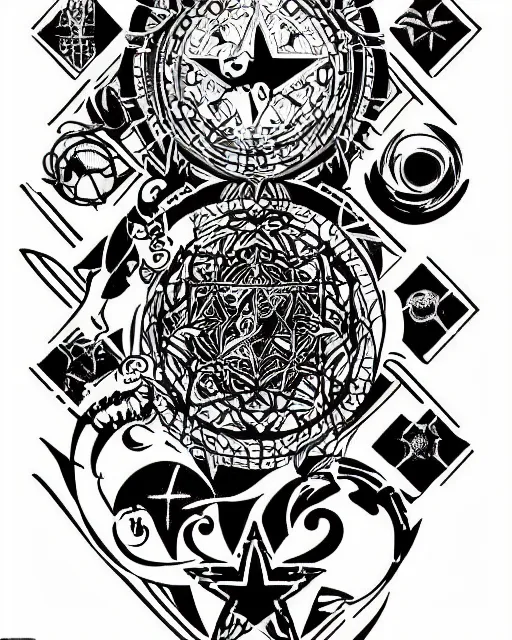 Prompt: “a beautiful tattoo design with a vaporwave theme representing the seven steps of the esoteric alchemical process. It features kawaii stars and symbols. Simple tattoo design with white background.”