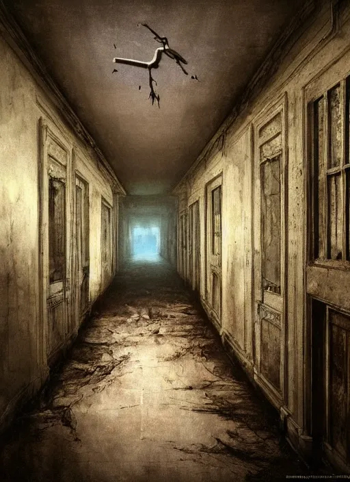 Image similar to interior of a haunted school corridor ghots flying around, art style by kim jung gi karl marx greg rutkowski ghibliklimt and nixeu and ian sprigger and wlop and krenz cushart, au naturel, hyper detailed, digital art, trending in artstation, cinematic lighting, studio quality, smooth render, unreal engine 5 rendered, octane rendered