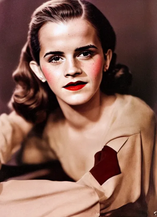 Image similar to Retro color photography 1940s portrait Hollywood headshot of Emma Watson Kodak Gold, 35mm aspherical lens