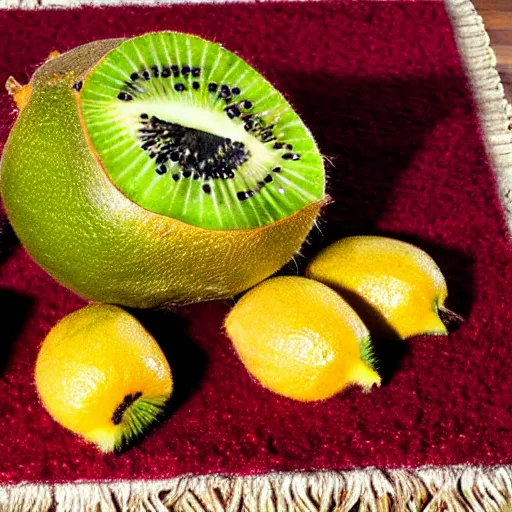 Prompt: closeup photo persian rug with kiwi fruits ornament