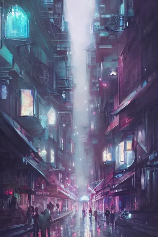 Image similar to a beautiful paiting of Night Life of downtown street by Ross Tran, dark ambient, beautiful, UHD, hyperrealism, Surreal and Fantasy Art, absurdist