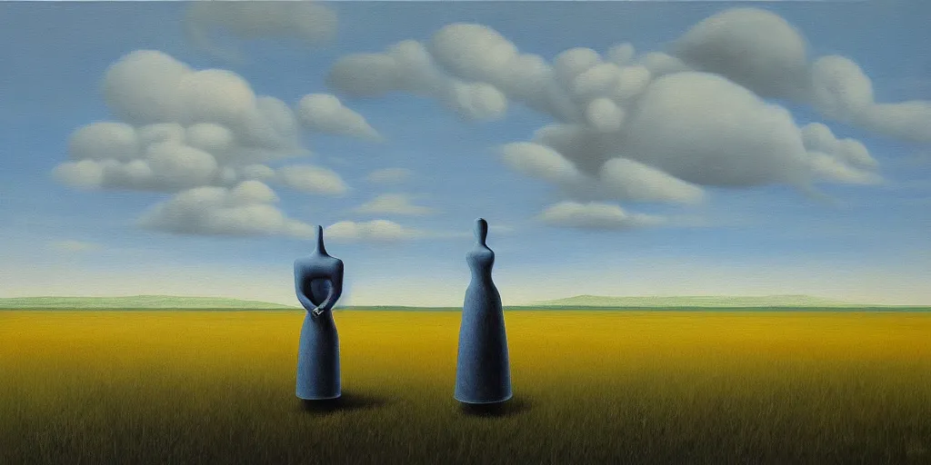 Prompt: a painting of a person standing in a field, a surrealist painting by bridget bate tichenor, cg society, surrealism, surrealist, lovecraftian, henry moore