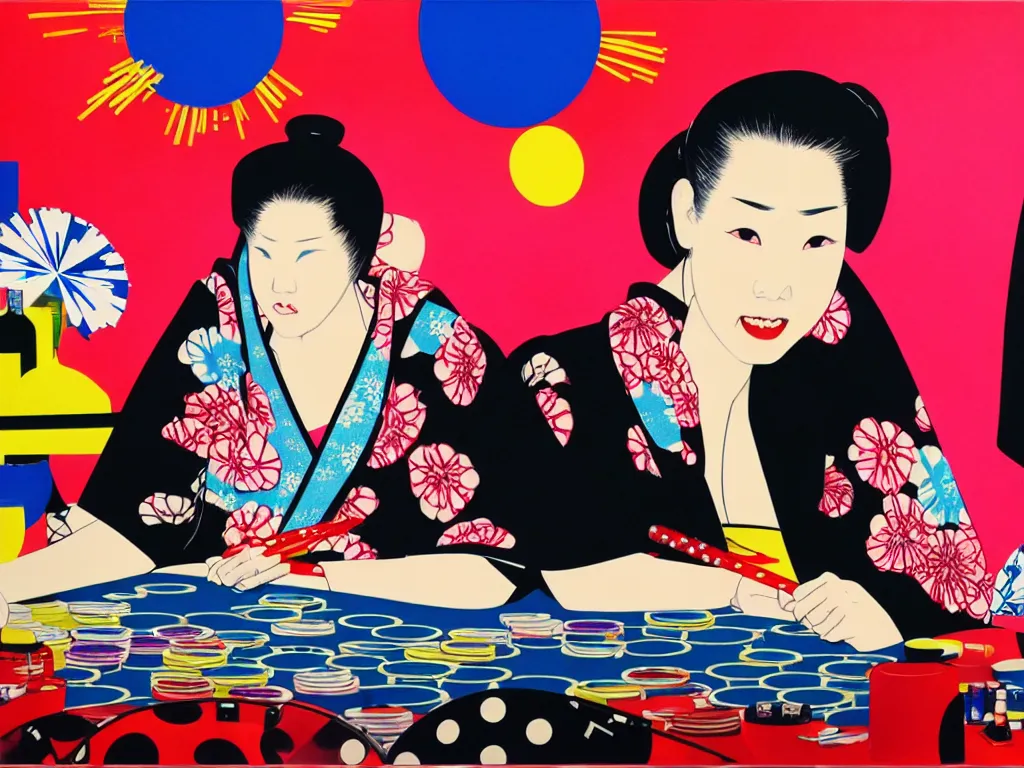 Image similar to hyperrealistic composition of the woman in a japanese kimono sitting at a poker table with darth vader, fireworks, mount fuji on the background, pop - art style, jacky tsai style, andy warhol style, acrylic on canvas