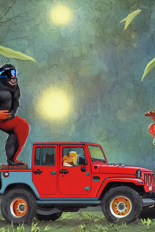 Image similar to gorillas standing by jeep holding a amanita muscaria, sunshine, by alba ballesta gonzalez and moebius. 4 k wallpaper, digital flat 2 d, japan animation, comic book, illustration, cinematic lighting, smooth sharp focus