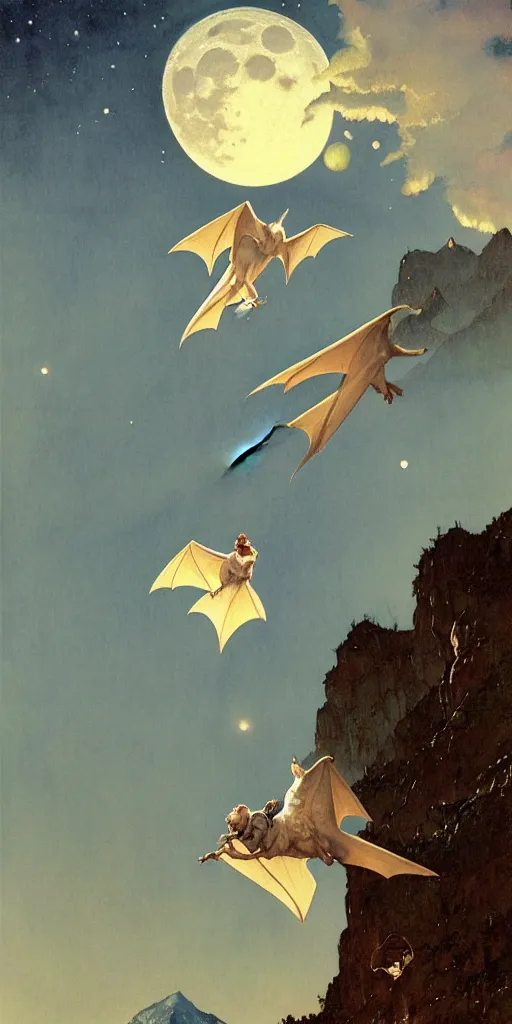 Image similar to a white bat, flying against a night sky, mountain in the background, moonlight, denoised, very detailed, painted by james gurney, norman rockwell, tom bagshaw