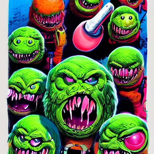 Image similar to an army of tennis ball monsters, colorful, digital art, fantasy, magic, chalk, trending on artstation, ultra detailed, professional illustration by basil gogos