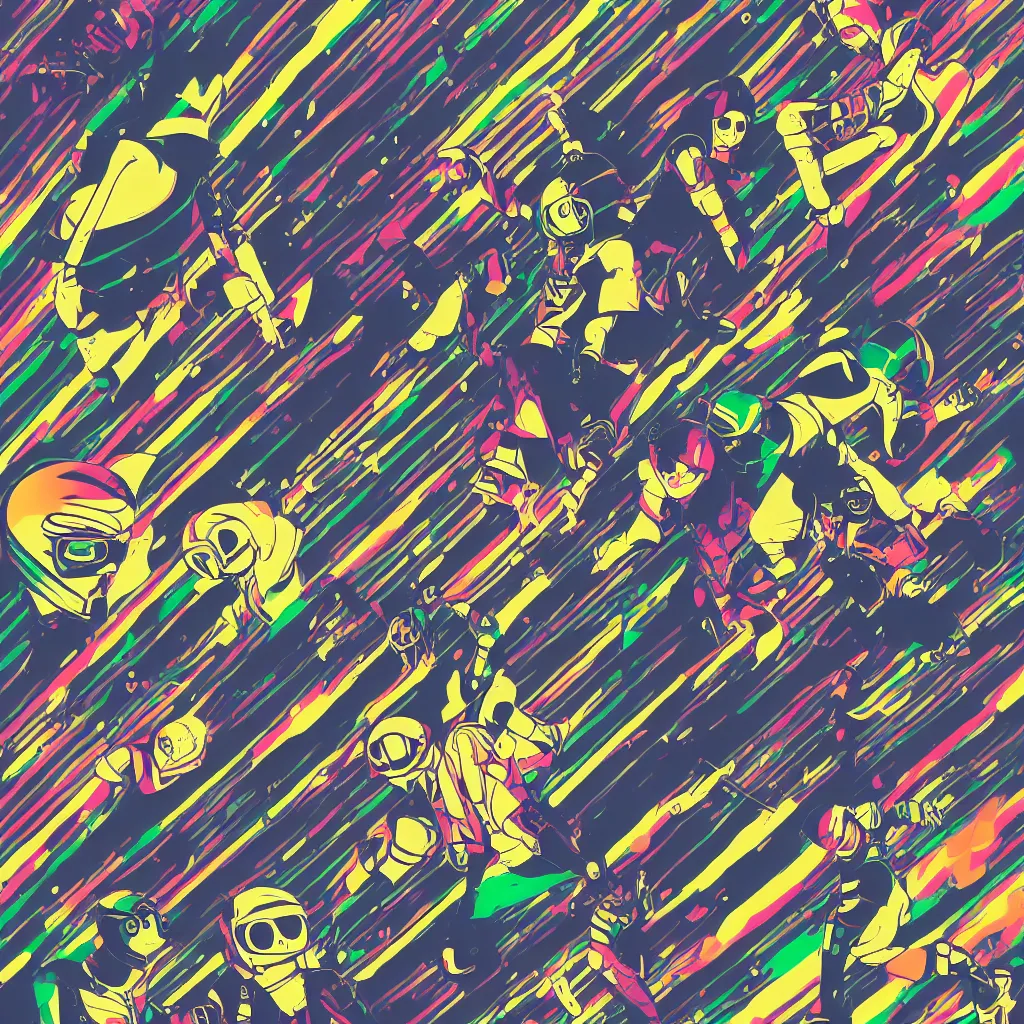 Image similar to people wearing helmets, ryuta ueda artwork, jet set radio artwork, stripes, gloom, space, cel - shaded art style, broken rainbow, data, minimal, speakers, code, cybernetic, dark, eerie, cyber