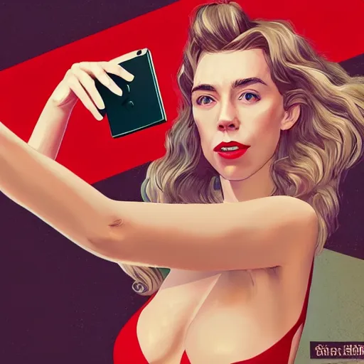 Image similar to vanessa kirby as hattie in gta v wearing a red bikini taking a selfie, cover art by stephen bliss, artstation, no text