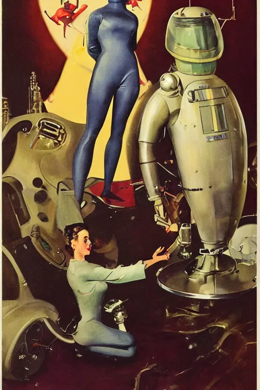 Image similar to 5 0 s pulp scifi fantasy illustration full body portrait elegant woman wearing latex spacesuit standing beside monster, by norman rockwell, edd cartier, roberto ferri, tom lovell, frank r paul, dean cornwell, astounding stories, amazing, fantasy, other worlds