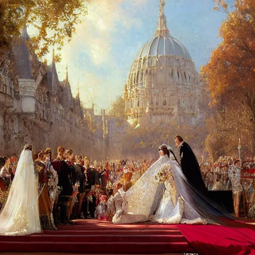 Image similar to the painting of prince william and bella hadid's royal wedding, art by gaston bussiere, craig mullins, j. c. leyendecker, realistic human faces, smiling faces, royal wedding, england