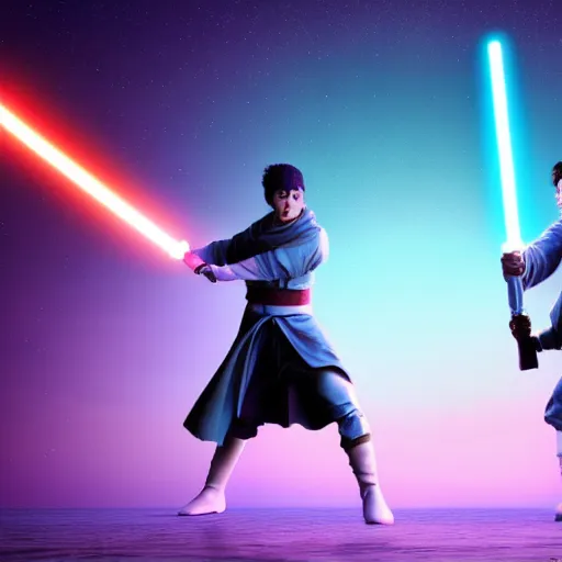 Image similar to Jedi duelling, 4k, cinematic, realistic, vaporwave