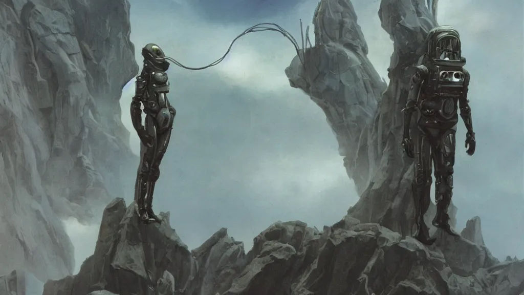 Image similar to futuristic organic spacesuit design by john schoenherr and jim burns, epic cinematic matte painting