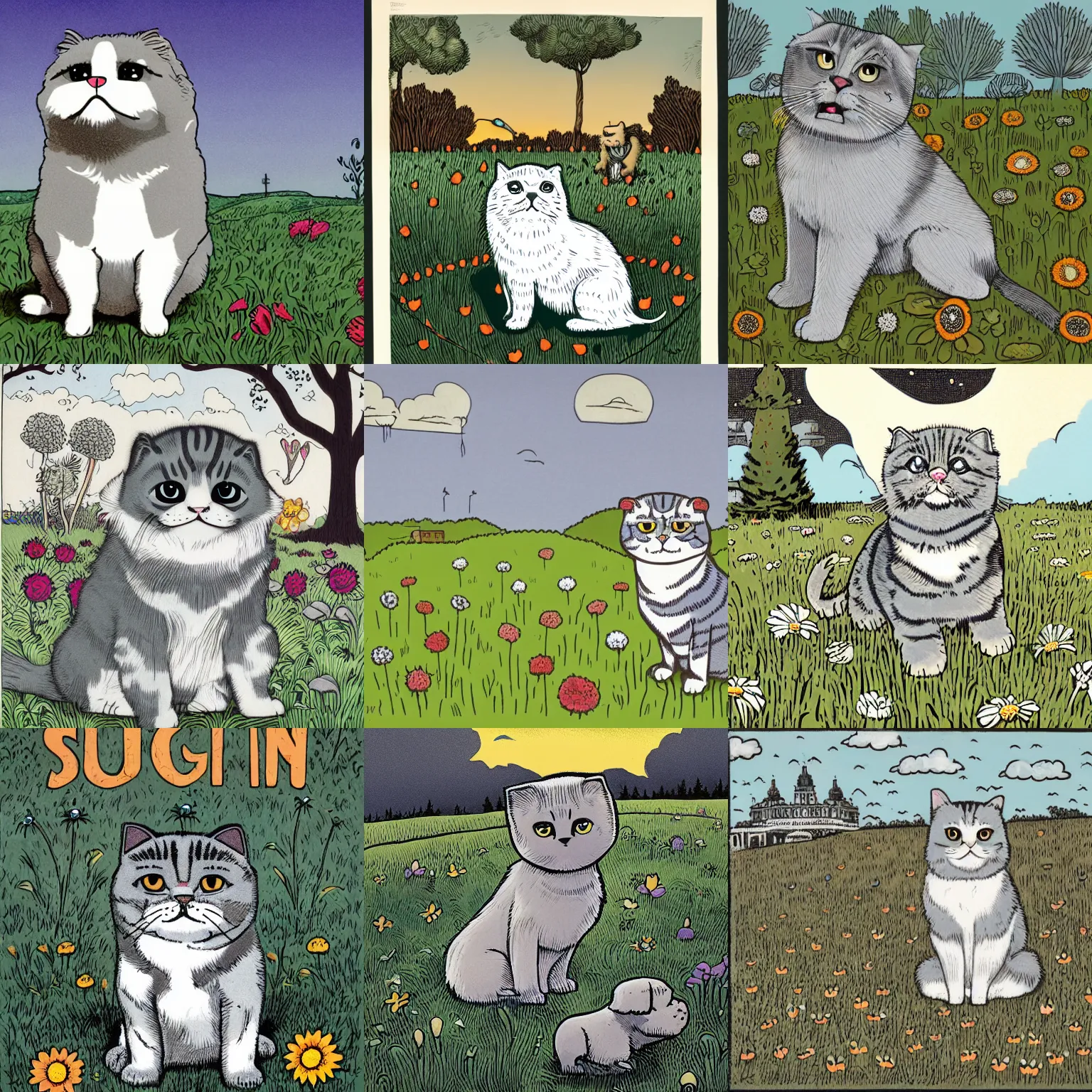 Prompt: a gray scottish fold sitting in the middle of sunny meadow, by ravi zupa, by matt groening, by brian k. vaughan