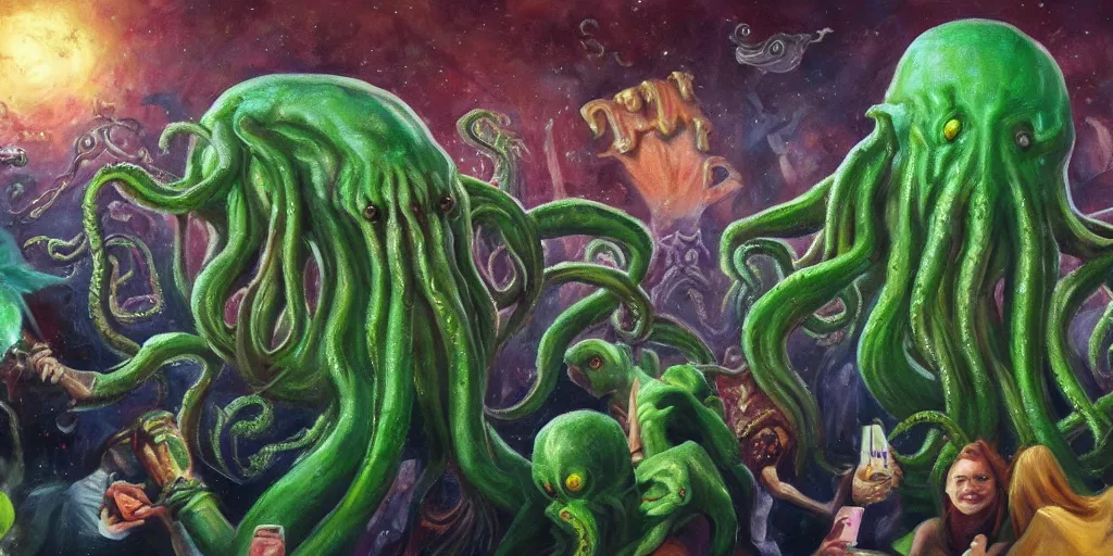 Prompt: cthulhu's birthday party, 4k, oil painting, trending on artstation