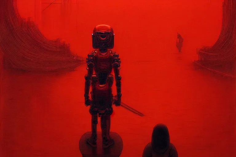 Image similar to only with red, a red cyborg samurai, tokio futuristic in background, some evil yokai, in the style of beksinski, parts by edward hopper, parts by rodcenko, parts by yue minjun, intricate and epic composition, red by caravaggio, insanely quality, highly detailed, masterpiece, red light, artstation, 4 k