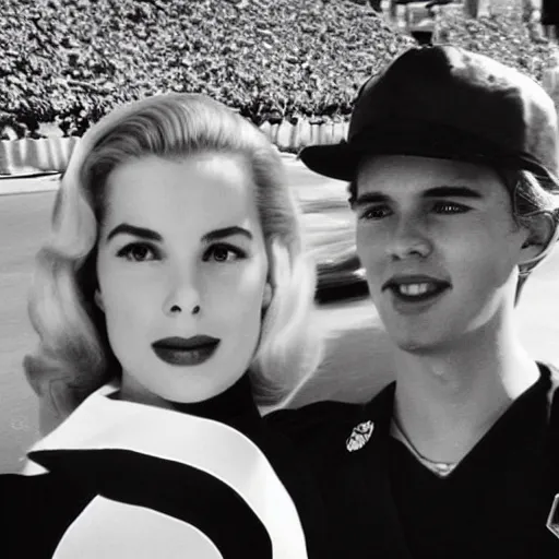 Prompt: selfie smartphone photo of a young Grace Kelly at the 2022 Monaco Gran Prix, F1 cars blurred in background, iphone photo, iPhone 12 camera, lens flares, smartphone resolution, high resolution