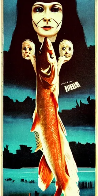 Prompt: Polish movie poster for a horror film about a woman with a fish for a head, 1983