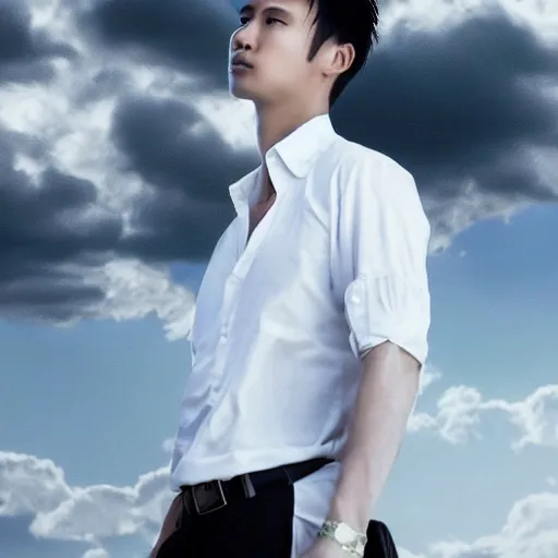 Prompt: a portrait of a young handsome prince, white fringy hair, white shirt, black tunic, smooth, epic clouds, beautiful landscape, backlit, incredible lighting, strong rim light, highly detailed, god rays, digital painting, HDRI, by Heise Jinyao, Heise-Lian Yan Fang, Feimo, Richard Taddei, vivid colors, high contrast, 8k resolution, intricate, photorealistic