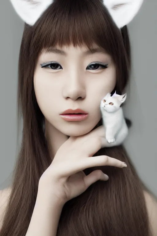 Image similar to aesthetic photograph of alluring young Japanese woman wearing white cat ears, by Nick Knight and jia ruan, headshot, cat-girl cosplay, realistic, photorealistic, HD, 4k resolution