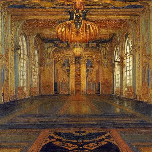 Image similar to a painting of a throne room , tiled floor a raytraced image by Mikalojus Konstantinas Čiurlionis, by Edward Okun, Gustave Moreau , metaphysical painting, hall of mirrors, Hungarian,ominous, dark, concept art, oil painting, blurred