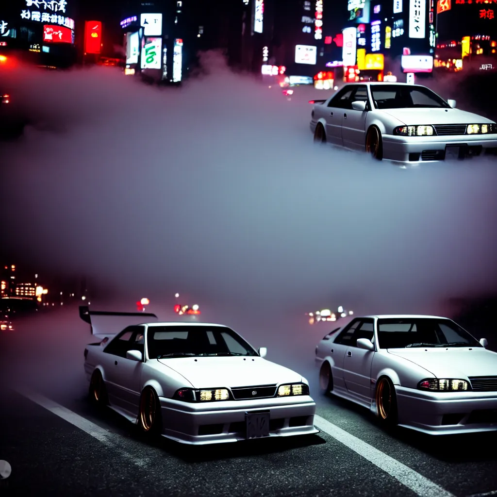 Image similar to JZX100 twin turbo drift in Shibuya, misty night