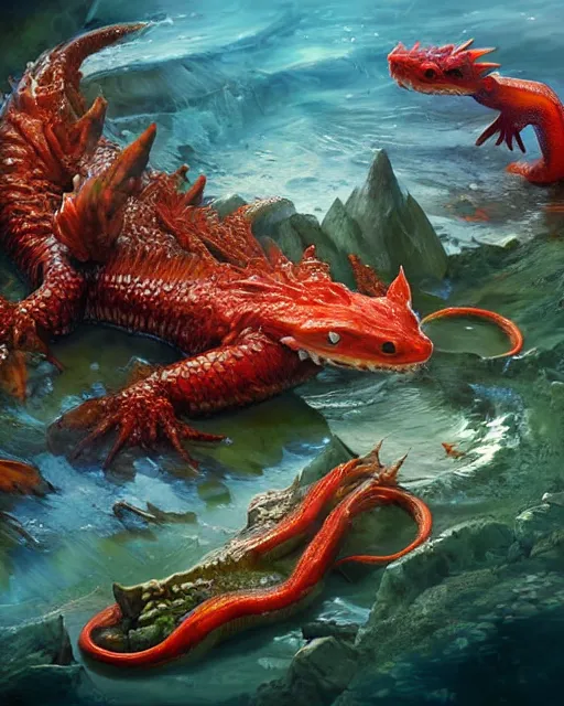 Image similar to game character, ethereal, gorgeous, mysteriously beautiful giant huge kaiju sized pond dragon half fish half salamander, sea dragon, wet amphibious skin, red salamander, axolotl creature, koi pond, korean village by Ruan Jia and Gil Elvgren, fullbody