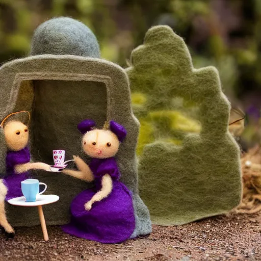 Image similar to an anthropomorphic stop motion little worker bee having a tea party with another worker at the entrance of their hive while on break, both are wearing victorian dresses, photography, felt, plush, yarn, high resolution, photorealistic, national geographic