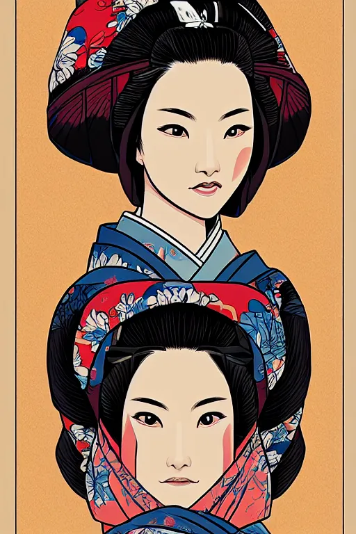 Image similar to a portrait of a japanese geisha, drawn by robbie trevino and dan mumford, poster, digital art, comic art, concept art, single head, no double head,